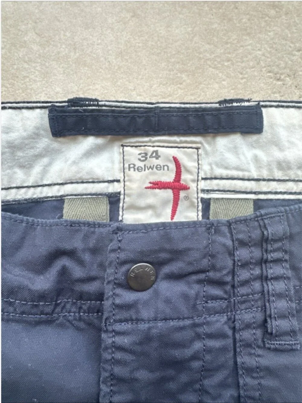 Relwen Mens Navy Blue Chino Shorts Size 34 Utility Panel Stretch Cotton 121082